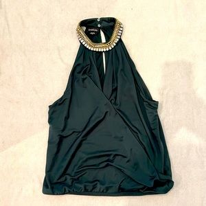 BEBE High Neck Green Blouse with Crystal detail neckline Size M
